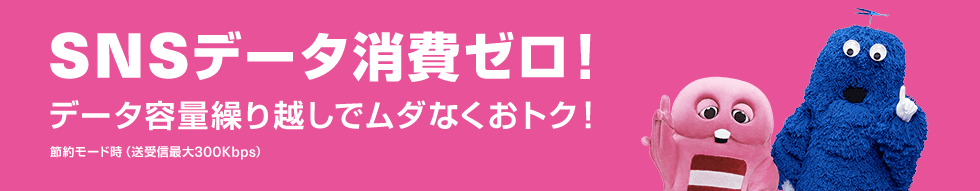 SNSデータ消費ゼロ！データ容量繰越でムダなくおトク！節約モード時（送受信最大300Kbps）