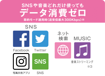 SNSや音楽どれだけ使ってもデータ消費ゼロ 節約モード適用時（送受信最大300Kbps）※