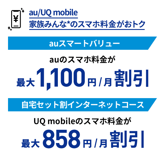 au/UQ mobile 家族みんな*のスマホ料金がおトク auスマートバリュー:auのスマホ料金が最大1,100円/月 割引 | 自宅セット割インターネットコース:UQ mobileのスマホ料金が最大858円/月 割引