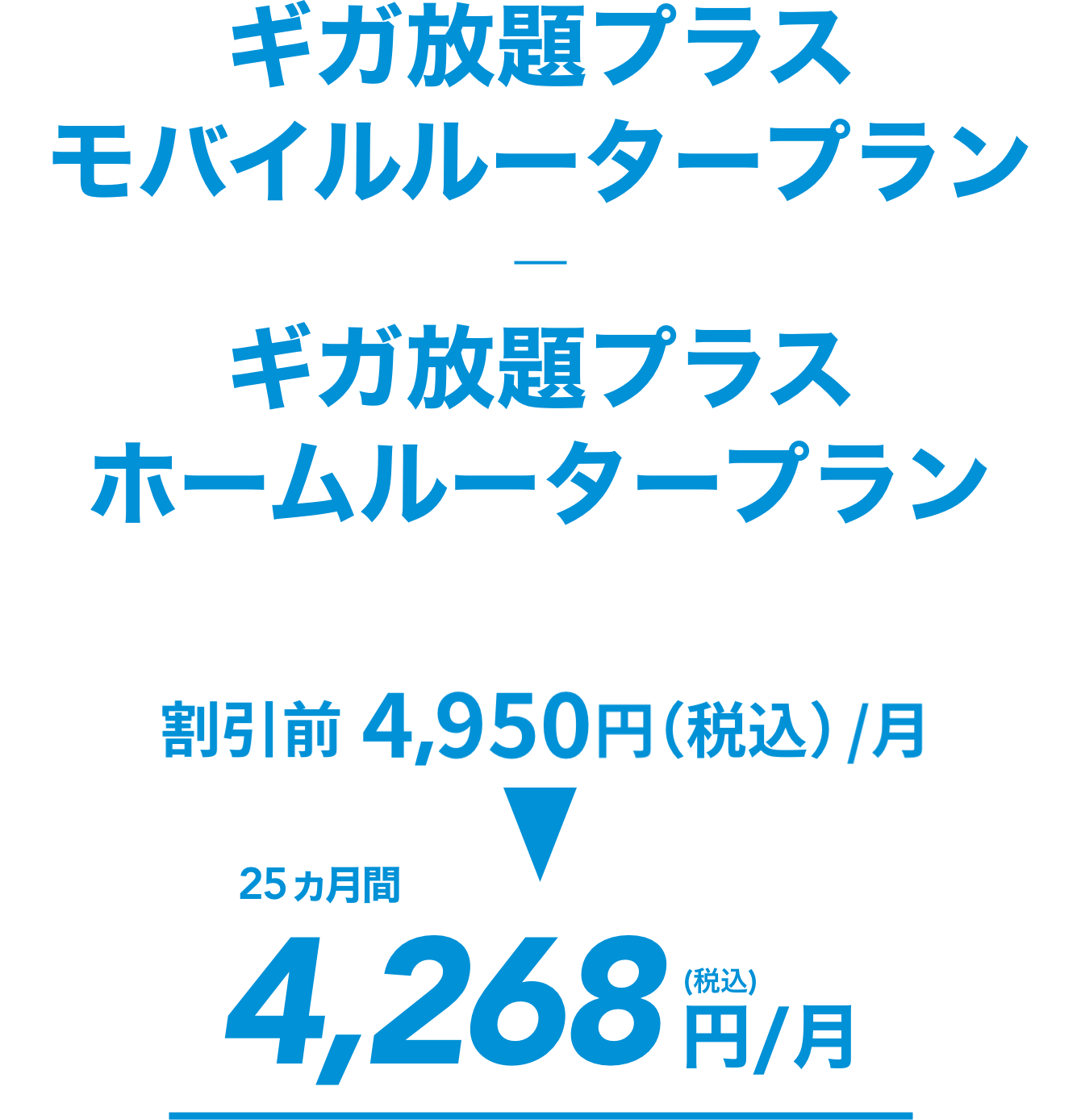 ギガ放題プラスモバイルルータープラン / ギガ放題プラスホームルータープラン 割引前4,950円（税込）/月 25カ月間 4,268円/月（税込）